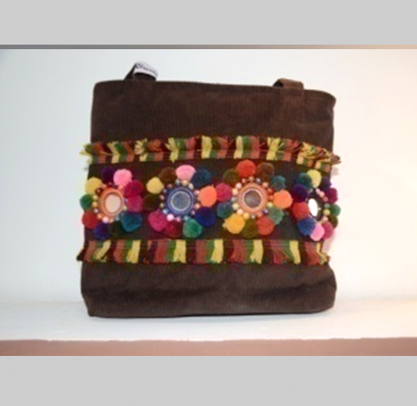 BROWN CORDUROY BAG WITH GLASS WORK/POMPOM AND TASSLES