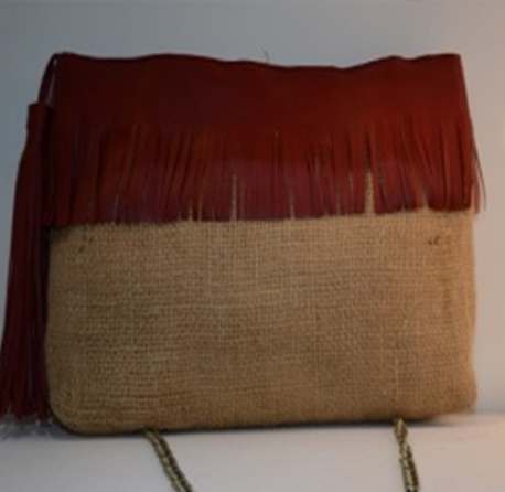 BROWN JUTE BAG/LEATHER FRINGE